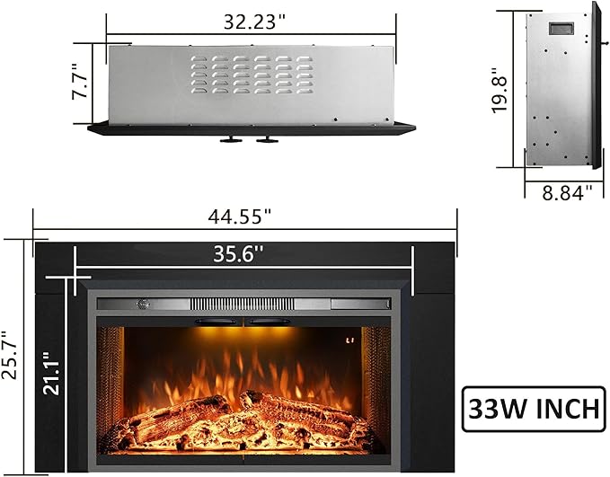Velaychimny 45" W x 25" H Electric Fireplace Insert with Metal Trim Kit, Adjustable Flame, Fire Crackling Sound, Top Light Colors, Timer, Glass Door & Mesh Screen, Black