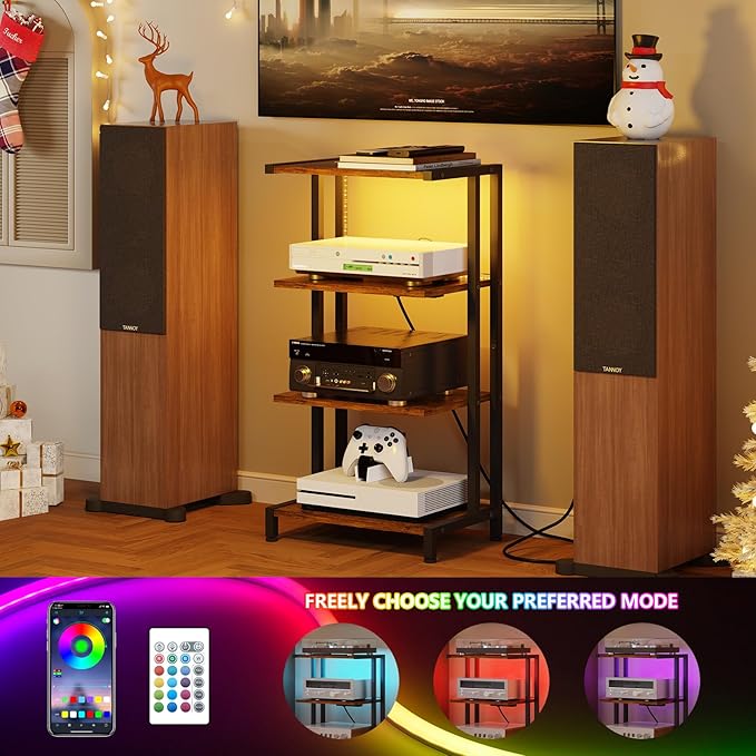 X-cosrack 16.5" Small 4-Tier AV Media Stand with Power Strips,Narrow Version Wooden Corner TV Stand Shelf with LED Lights,Stereo Cabinet Audio Rack Stand Tower for Small Media Players and Boxes