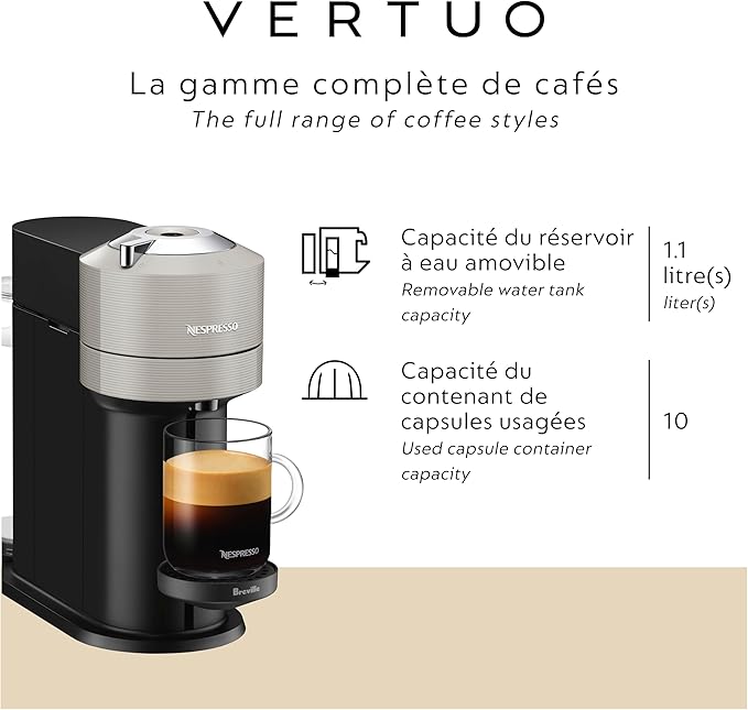 Nespresso Vertuo Next Coffee and Espresso Maker by Breville, with Aeroccino Milk Frother, Light Grey