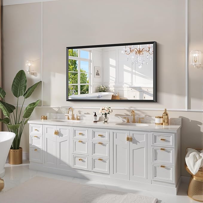 Black Bathroom Mirror 30 x 50 Inch Rectangle Wave Beveled for Wall Bathroom Vanity Mirror for Over Sink, Tempered Glass,for Entryway Hangs, Bathroom Living Room Horizontal or Vertical