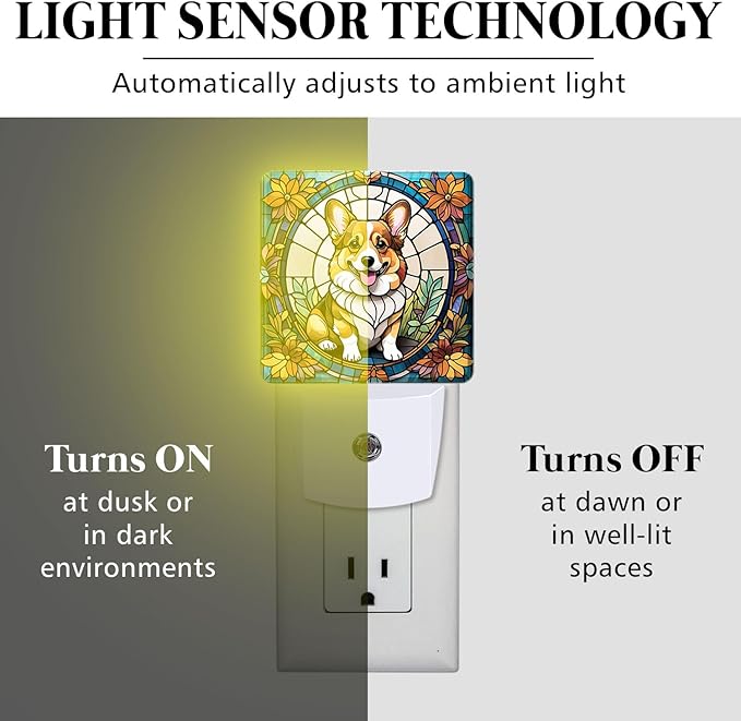 PODMemory Corgi Stained Glass Night Lights Plug into Wall for Room, Corgi Night Light LED for Bedroom