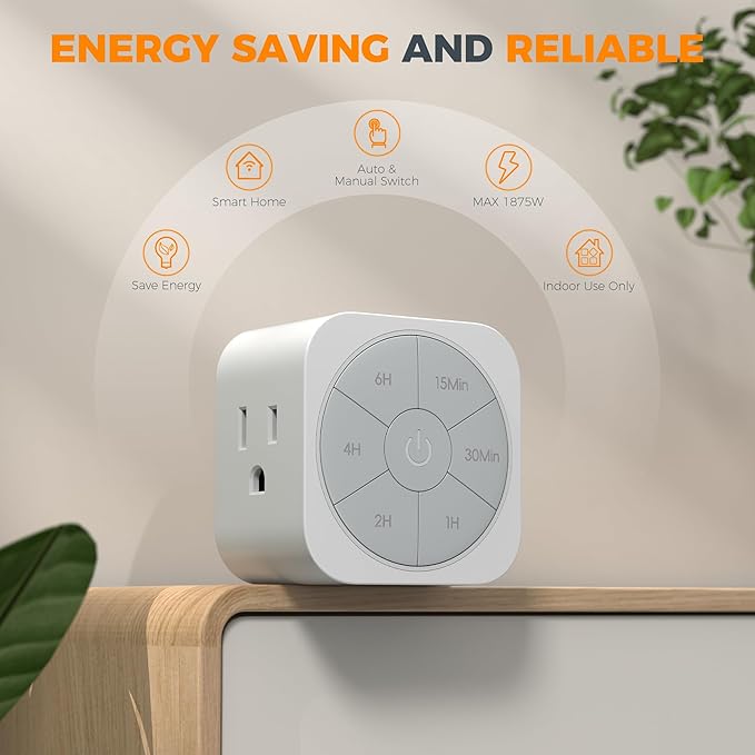 Outlet Timer Indoor 2 Pack, Countdown Timers for Electrical Outlets Up to 6H for Lights, Iron, Fan, Electric Bike, Auto Shut Off Switch for Home Kitchen Bedroom, 1875W
