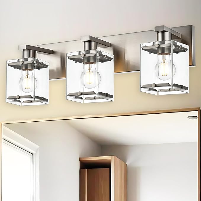 WINSHEN 3-Lights Bathroom Wall Light Fixtures E26 Bulb Base, Brushed Nickel Vanity Lighting Fixtures Over Mirror with Clear Glass Shades for Living Room Hallway Kitchen