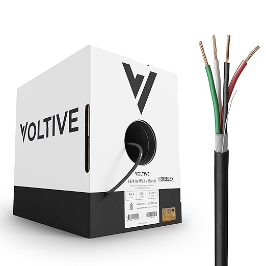 Voltive 14/4 Speaker Wire, in-Wall CL3 & Direct Burial, Black, 250ft - 14AWG, 4 Conductors, Stranded Oxygen-Free Copper, UL Listed - V-1209-3