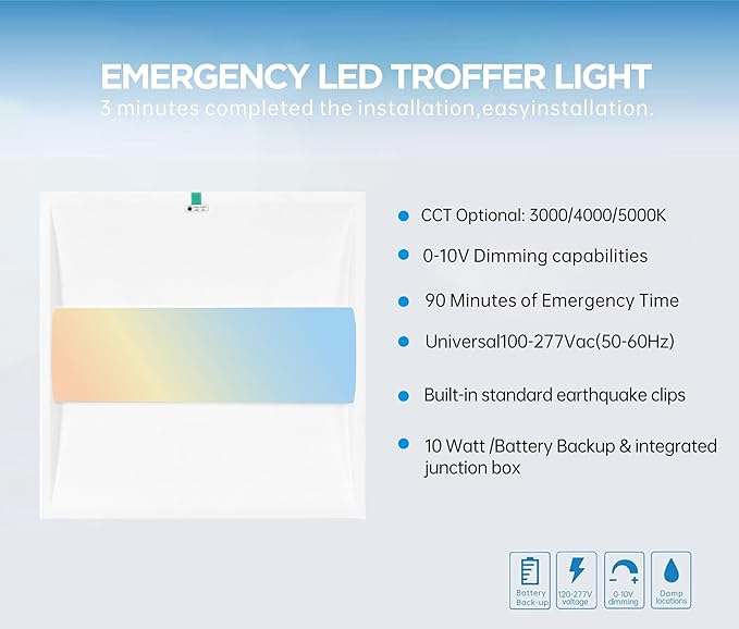 2x2 FT Center Basket LED Troffer Panel Light with Built-in Emergency Backup Battery, 40W-3000K/4000K/5000K, 0-10V Dimmable, 5200 Lumens, LED Drop Ceiling Light, 100-277V, DLC and UL Listed(6 Pack)