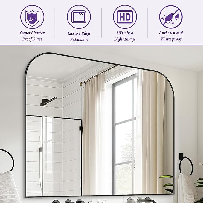 Bathroom Mirror, Wall Mirrors, Black Metal Framed Wall-Mounted Mirrors, Bathroom Vanity Mirror for Over Sink, Living Room, Bedroom, Entryway, 48x40 Inch, Black