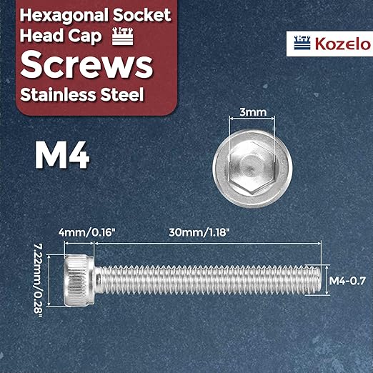 Kozelo 50pcs Socket Head Cap Screws - [M4-0.7 x 30mm] 304 Stainless Steel Allen Socket Drive for Electrical Motor 3D Printing Fan Engine Replacement Use, Silver