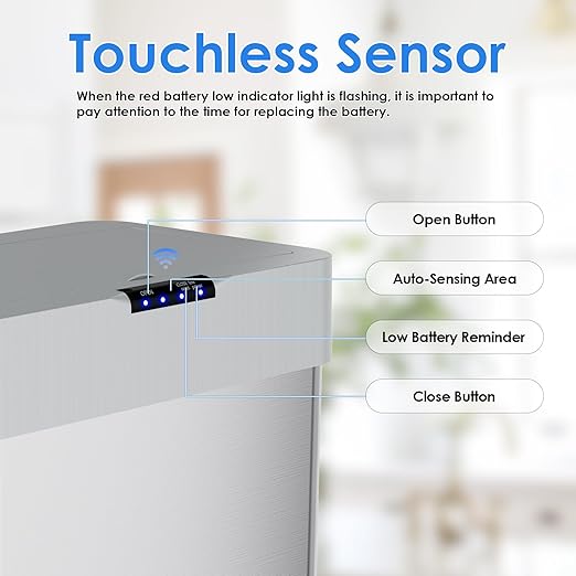 AthLike Sensor Trash Can, Touchless Motion Sensor Trash Bin, Smart Automatic Garbage Can with Soft-Close Lid, Bag Retainer Ring and Display Light,for Kitchen,Living Room Office (Silver, 16 Gal)