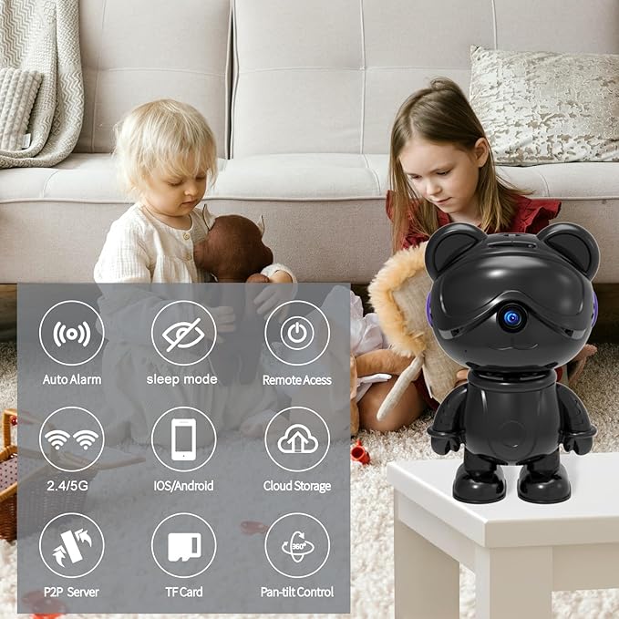 dzcctvipc Cute Bear 2K Home Security Camera – Motion Monitor, Baby Cry Detection,Privacy Mode,5G Dual-Band,Pan & Tilt,Night Vision,24/7 Recording,2-Way Audio,Compatible with Alexa & Google Assistant