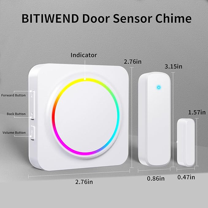 Door Chime, Door Sensor Chime When Door Opens, BITIWEND Door Entry Alarm for Business/Home/Office/Store, 600 FT Range, 32 Chimes 5 Adjustable Volume Door Ringer Alert 1Sensor + 2Receivers White