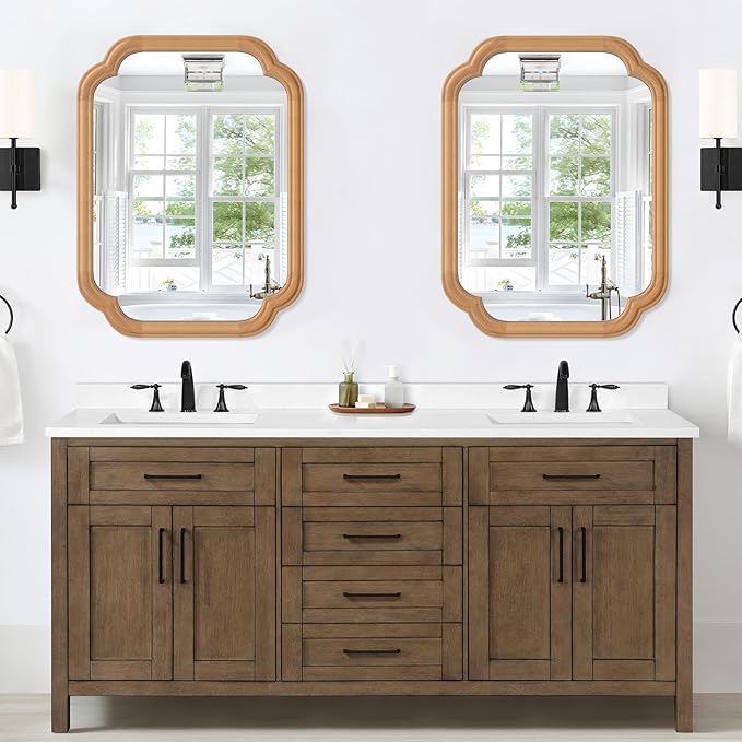 Natural Wood Framed Mirror,18X24 Inch Bathroom Mirror for Over Sink Modern Rounded Corner Rectangle Wall Mounted Mirror (Horizontal/Vertical)