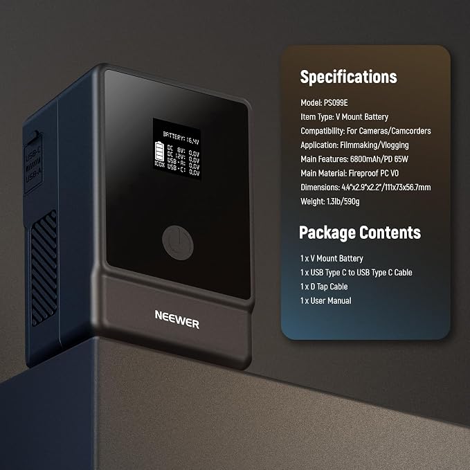 NEEWER Basics V Mount Battery PS099E, 6800mAh/99Wh Mini V Lock - Image 8