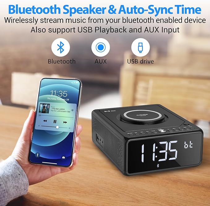 Gelielim CD Player Alarm Clock Radio, CD Players for Home, Desktop Portable CD Player with Bluetooth,10W Wireless Charging,FM/AUX/USB/Timer/Dimmer/Remote Control, Boombox Clock Radio with CD Player