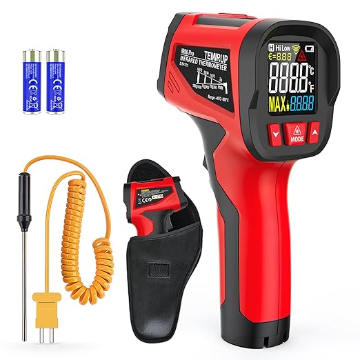 Infrared Thermometer Temperature Gun, TEMIRUP Digital IR Laser Thermometer -40°F~1472℉,K-Type Probe -40°F~1202°F, IR Temp Gun for Cooking, Pizza Ovens, Griddles, Meat, HVAC, Home & Industrial