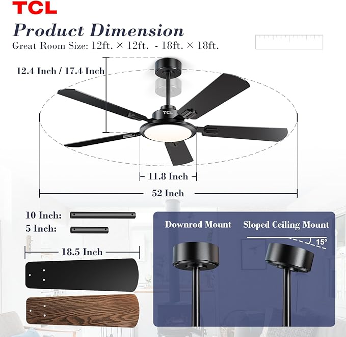 TCL Ceiling Fans with Lights, 52 Inch Ceiling Fan with Light and Remote Control, Reversible DC Motor, Noiseless, Dimmable 36W LED, Modern Ceiling Fan for Bedroom Living Room (Black)