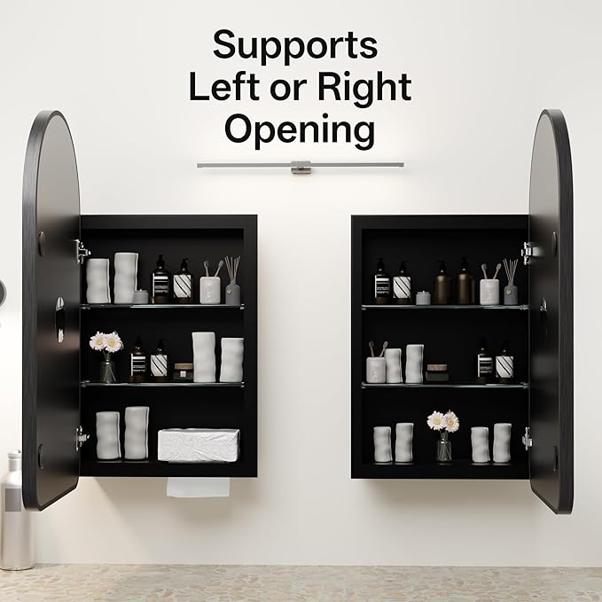 Arched Bathroom Medicine Cabinet with Mirror, No Assembly Needed, Recessed or Surface Mount Wall Storage Cabinet, Mirror Cabinet with Tissue Slot & 2X Magnifying Mirror (Black, 29.5"L x 15.7"W)