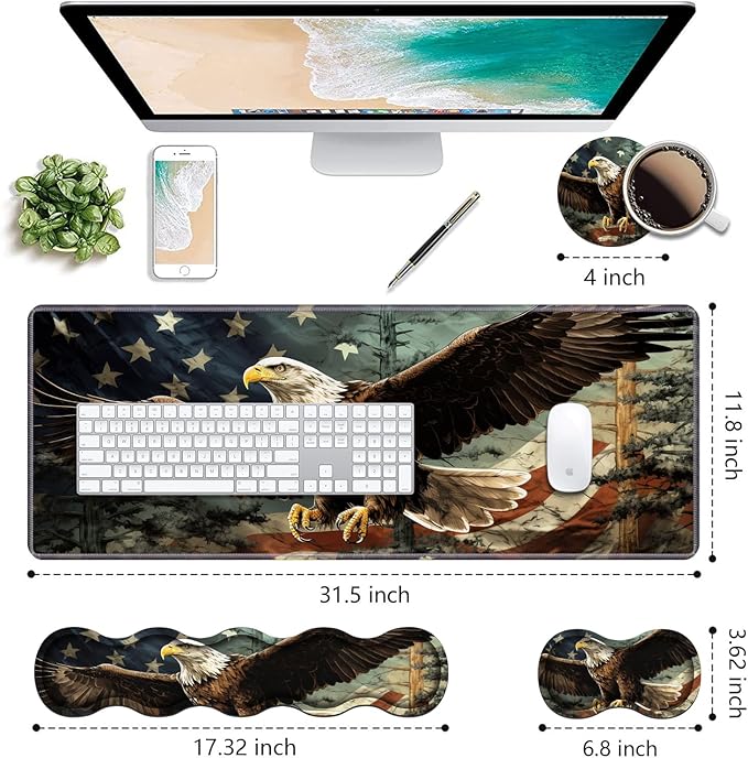 Ergonomic Keyboard Wrist Rest & Mouse Pad Wrist Rest Set,Large Gaming Desk Mat 31.5"x 11.8" with Non-Slip Base,Memory Foam,Easy Typing Pain Relief for Home & Office,Patriotic American Flag Bald Eagle
