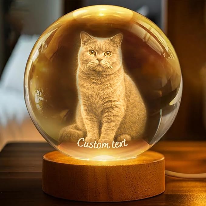 Herihues Personalized 3D Photo Crystal Ball, Custom Engraved Picture Lamp with Wood Base, Night Light for Family, Gifts for Husband Wife Valentines Day, Christmas, Personalized Gifts, Photo Led Light