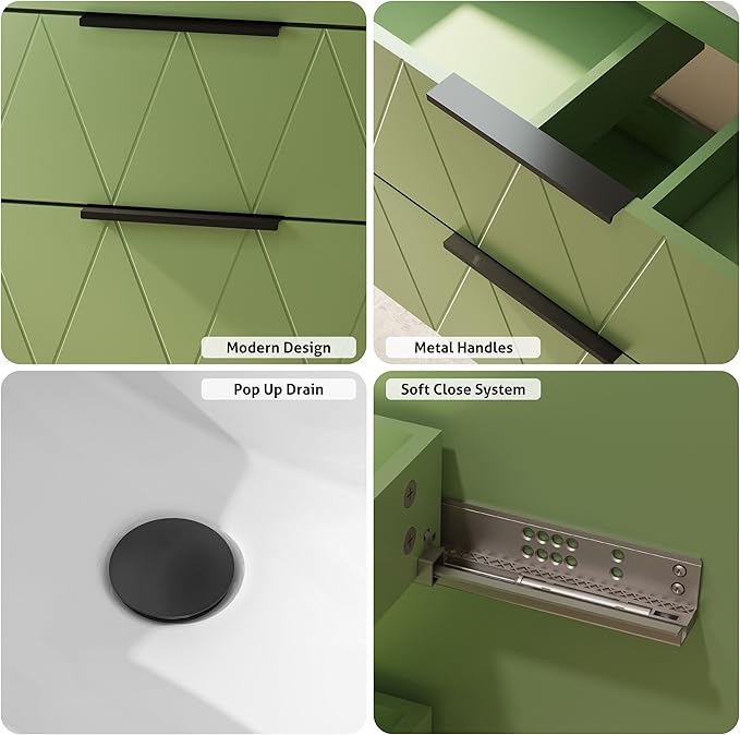 eclife 30" Bathroom Vanities Cabinet with Sink Combo, Wall Mounted Floating Cabinet W/Decor Line, Soft-Close System, 2 Extra Big Drawers, Matte Black Faucet, Matcha Green