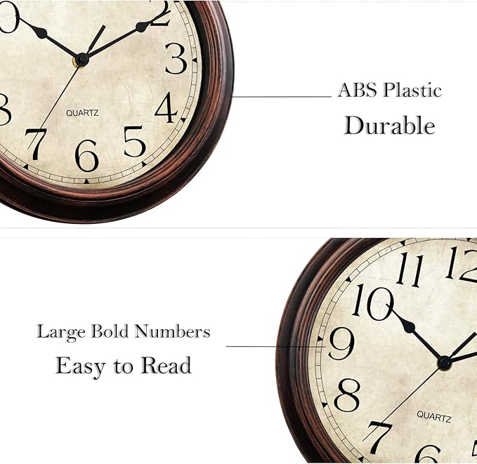 KECYET 12 Inch Wall Clocks Battery Operated Silent Non-Ticking Analog Wall Clock Vintage Retro Rustic Style Decorative for Living Room Kitchen Home Office(Bronze)