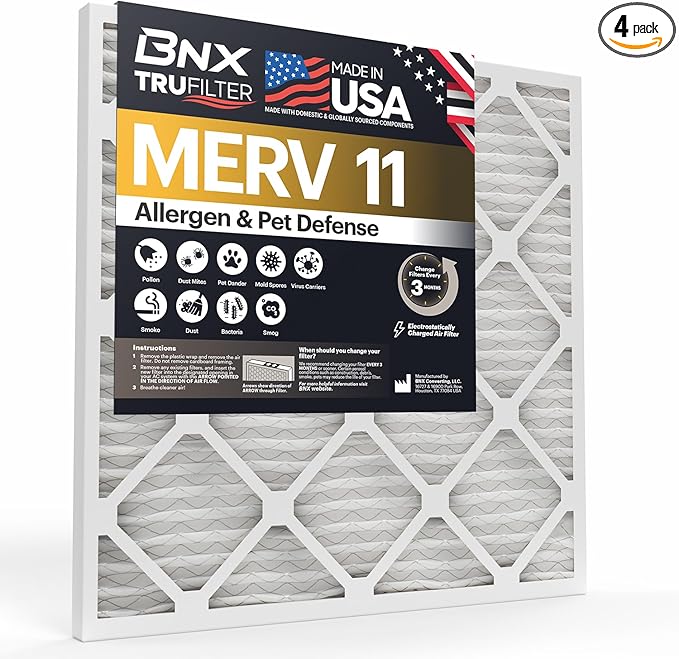 BNX TruFilter 12x24x1 Air Filter MERV 11 (4-Pack) - MADE IN USA - Allergen Defense Electrostatic Pleated Air Conditioner HVAC AC Furnace Filters for Allergies, Dust, Pet, Smoke, Allergy MPR 1200 FPR 7