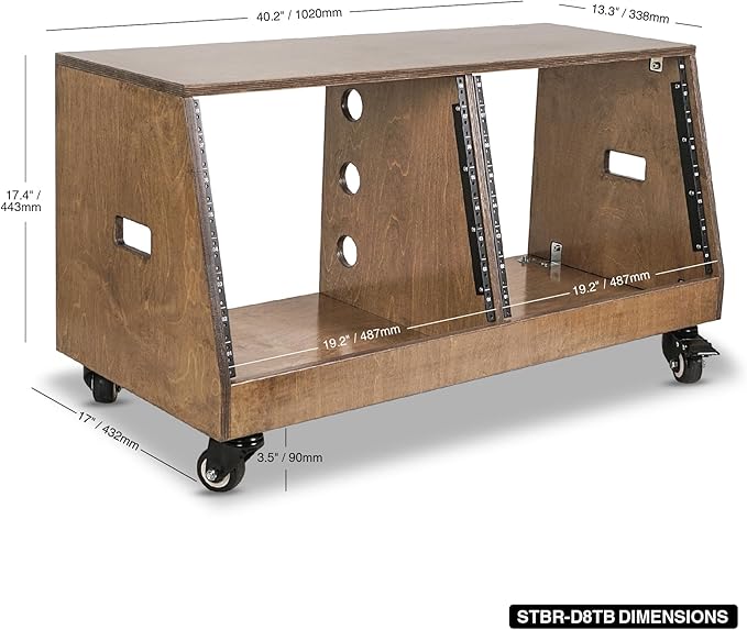 Sound Town DIY 2 x 8U Slanted Studio Rack with Solid Baltic Birch Plywood, Casters, Weathered Brown for Recording Room, Home Studio (SDRK-D8TB)