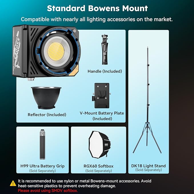 SIRUI C300XII 310W Portable LED Video Light - Ultra Lightweight 0.96kg, App & Bluetooth Control, V-Mount/AC/DC Power, 2700-6500K CCT for Studio/Outdoor