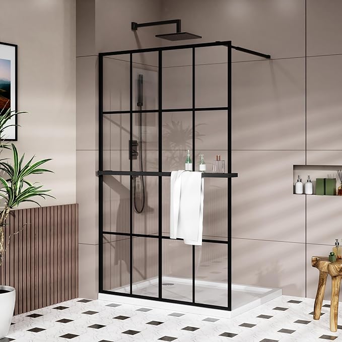 Goodyo 46" x 72" Shower Glass Door Tempered Glass Shower Screen with Towel Rack Tool Bar for Walk in Bathroom, 16-Grid Modern Desigh, Matte Black Finish