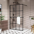 Goodyo 46" x 72" Shower Glass Door Tempered Glass Shower Screen with Towel Rack Tool Bar for Walk in Bathroom, 16-Grid Modern Desigh, Matte Black Finish