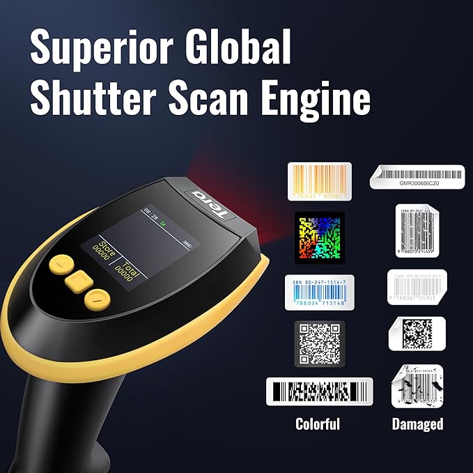Tera Barcode Scanner Wireless with Screen: Pro Version 1D 2D QR with Setting Keypad Charging Cradle Works with Bluetooth 2.4G Wireless USB Wired Handheld Bar Code Reader HW0009 Yellow