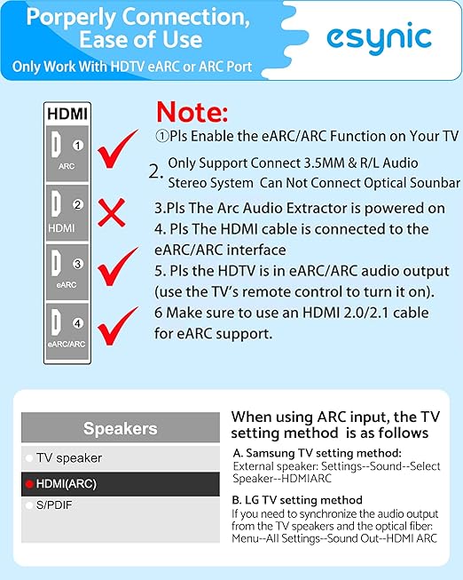 eSynic 7 FT Long eARC/ARC Audio Extractor-Plug & Play-Only Work For HDTV ARC/eARC Interface-192KHZ ARC to RCA&3.5MM Aux Adapter From HDTV to 3.5MM Headphone&L/R Stereo Audio System-No Optical Soundbar