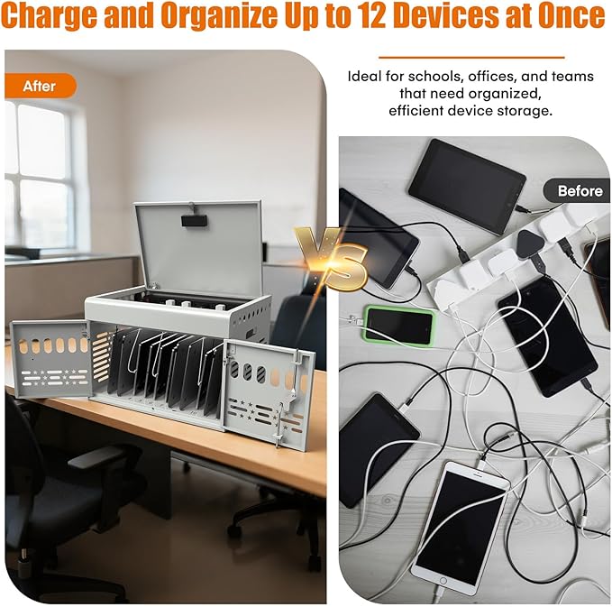 12-Device Charging Cabinet -Lockable Charging Station for iPad, Chromebook,Laptop&Tablet- American Style Charging Cabinet with Cord Management Ideal for Classrooms & Offices (Grayish White)