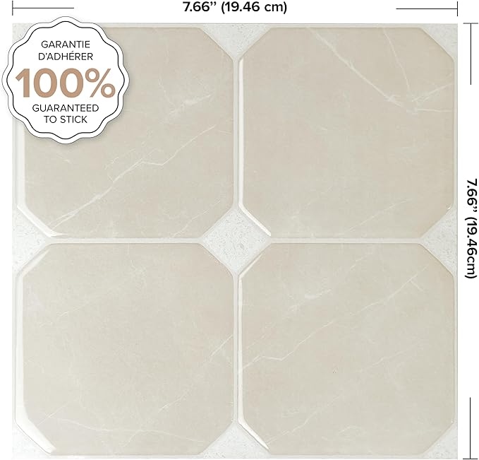 SMART TILES Peel and Stick Backsplash - 5 Sheets of 7,75" x 7,75" Betera Beige - 3D Adhesive Peel and Stick Tile Backsplash for Kitchen, Bathroom, Wall Tile