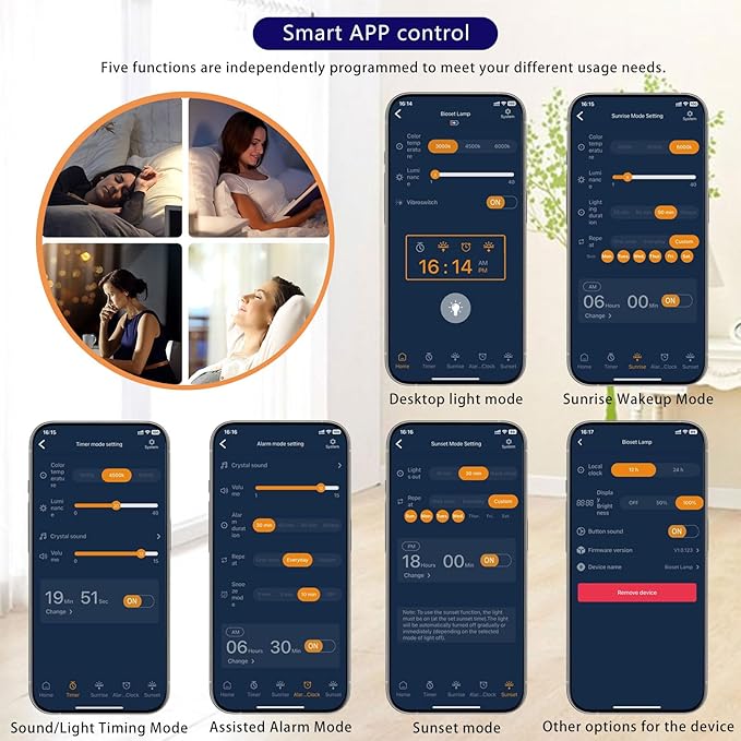 JUXLamp Light Therapy Alarm Clock Wake up Light 10000 lux Sunrise lamp Bright Light Alarm Clock APP Control Built in Lithium Battery Portable for Travel
