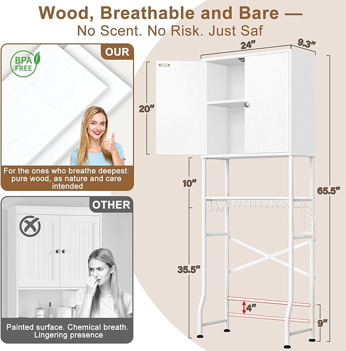Over The Toilet Storage Cabinet - Bathroom Organizers Shelf with Barn Doors, Freestanding Space-Saver Above Toilet Storage Cabinet , Water-Resistant Rack for Bathroom，Anti-Tip Toilet Shelves (White)