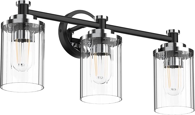 PHIXART Bathroom Lighting Fixtures Black and Chrome Bathroom Vanity Light with Cylindrical Clear Stripes Glass Lampshade E26 Socket Base Bathroom Lighting Fixtures Over Mirror (3 Lights)