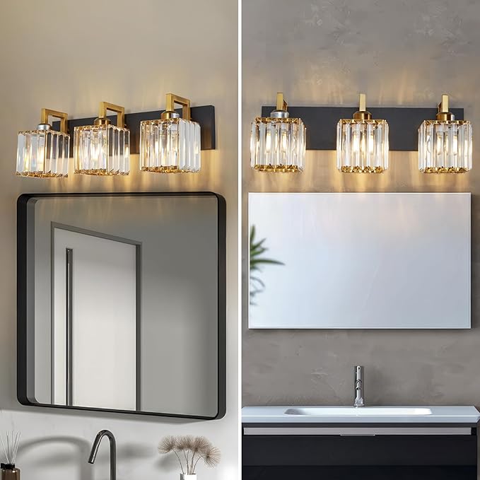 FDPBY Modern Bathroom Vanity Light 3-Lights Black Gold Crystal Wall Lamp Bathroom Modern Crystal Vanity Lighting