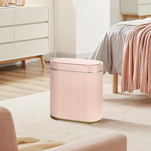 Bathroom Sensor Trash Can with Lid Automatic 2 Gallon Motion Sensor Garbage Bin, 7.5 Liter Slim Waterproof Plastic Wastebasket, Bathroom Decor for Bedroom, Office, Living Room, Pink