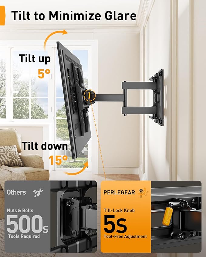 Perlegear Full Motion TV Mount for 26-74 inch TVs, Height Adjustable Pre-Assembled TV Wall Mount with Dual Articulating Arms, Tool-Free Tilt, Swivel, Fits 16” Studs, 99 lbs, Max VESA 400x400mm, PGMF21