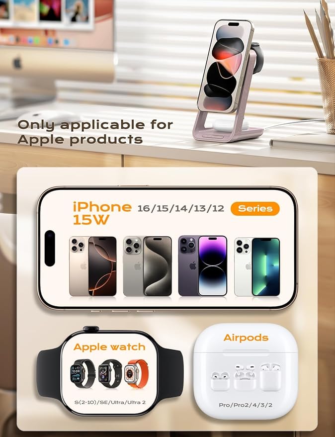 Apor 3 in 1 Charging Station for iPhone, Magsafe Wireless Charger with Cooling Fan for iPhone 17 16e 16 15 14 13 12 Series & Apple Watch Charger, Wireless Charging Station for AirPods 4/3/Pro (Pink)