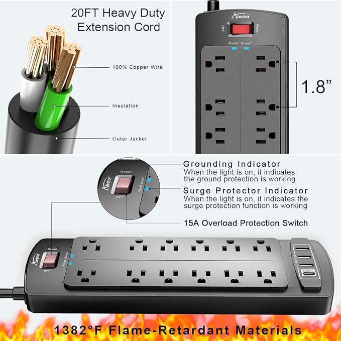 Power Strip, ALESTOR Surge Protector with 12 Outlets and 4 USB Ports(1 USB C Port), 20 Feet Extension Cord (1875W/15A), 2700 Joules, ETL Listed, Black