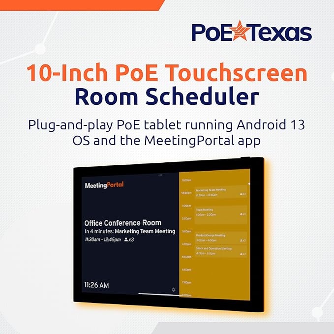 PoE Texas Low Profile 10-Inch Touchscreen Conference Room Scheduler PoE Tablet with Visible LED Status Ring and MeetingPortal App - Touch Screen Digital Display Syncs with Your Business Calendar