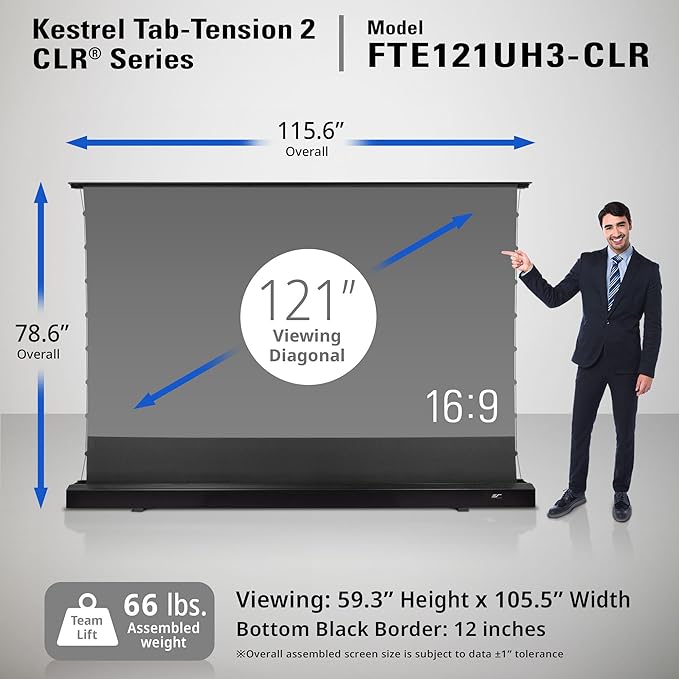 Elite Screens Kestrel Tab-Tension CLR, 121 inch 16:9, Ultra-Short Throw Ceiling Ambient Light Rejecting ALR Electric UST Floor-Rising Projection Motorized Front Projector Screen, FTE121UH3-CLR, Black
