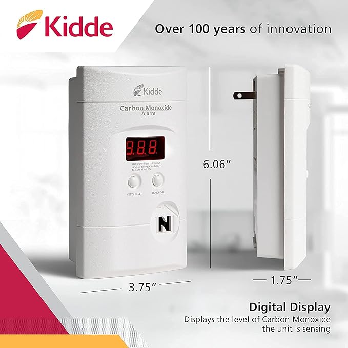 Kidde Carbon Monoxide Detector with Long-Life Lithium Battery, Digital Display, 3 LEDs, Pack of 2 & Nighthawk Carbon Monoxide Detector, AC-Plug-in with Battery Backup, Digital Display