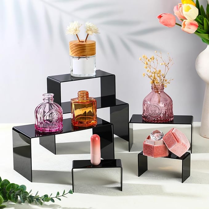 Chuangdi 2 Sets Acrylic Display Risers, Product Stand, Jewelry Display Riser Shelf Showcase Fixtures for Dessert Cupcake Candy Figure Treat Action Showcase(Black,Large Set)
