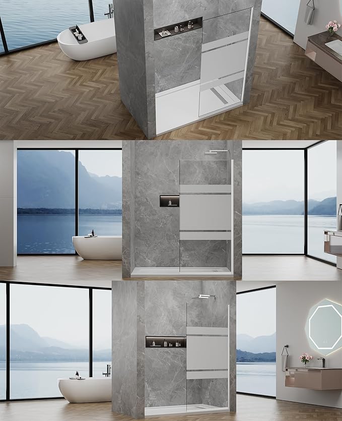 36"x76" Fixed Glass Shower Door, 3/8"(10mm) Thick Mid-Band Frosted Privacy Tempered Glass, Frameless Shower Glass Panel, Shower Screen Half Wall for Walk in Shower, Brushed Nickle