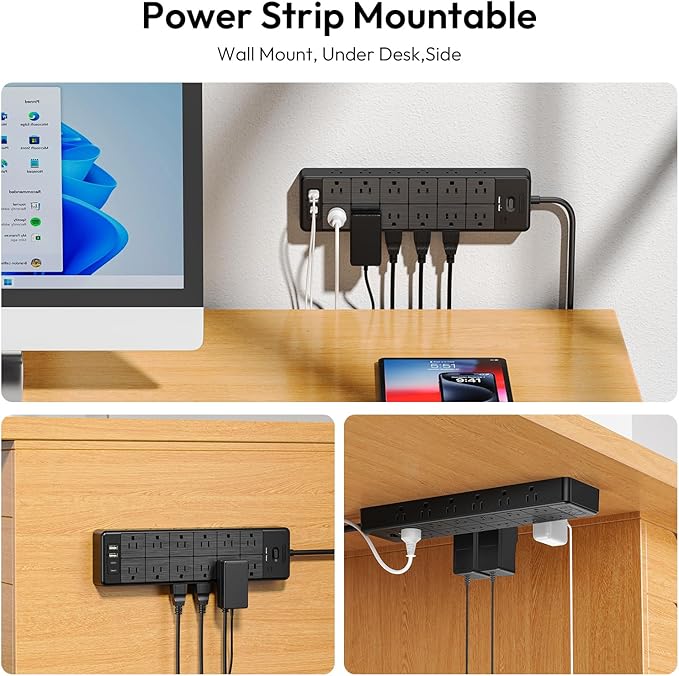 24 Widely Outlets Extension Cord 10 Ft NTONPOWER 15A/1875W Power Strips with Surge Protection 4000J,Black Extension Cord Surge Protector with 4 USB Ports(2 USB C), Wall Mount Holes for Home, Office