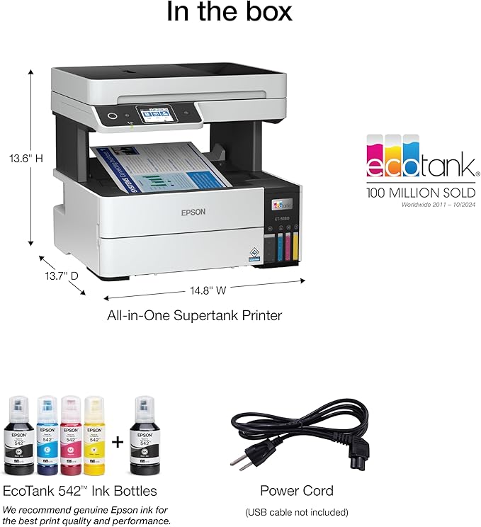 Epson EcoTank Pro ET-5180 Wireless Color All-in-One Supertank Printer with Scanner, Copier, Fax Plus Auto Document Feeder and PCL/Postscript, White, Large