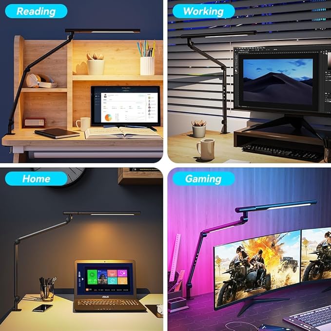 SANDROY VOLT Dual Light Source LED Desk Lamp - Clamp Mount Office Table Light with Knob Remote Control, Adjustable Brightness & Color Temperature, 5 Lighting Modes for Reading, Computer, DIY