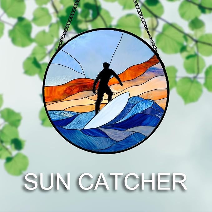 AMDERVEN Stained Glass Window Hanging 4 Pcs Set Blue Ocean Surfing Beach 9.8" - Suncatcher Door Garden Sun Catcher Decor Birthday Mother's Day for Firefighte Men Woman Nana Mom